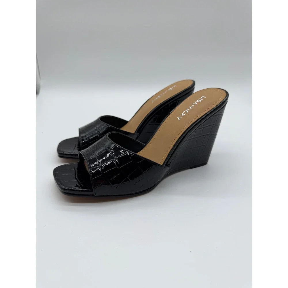 Lisa‎ Vicky Adore-V Black Croc Patent Wedge Sandals Square Toe Mules Size 7.5
